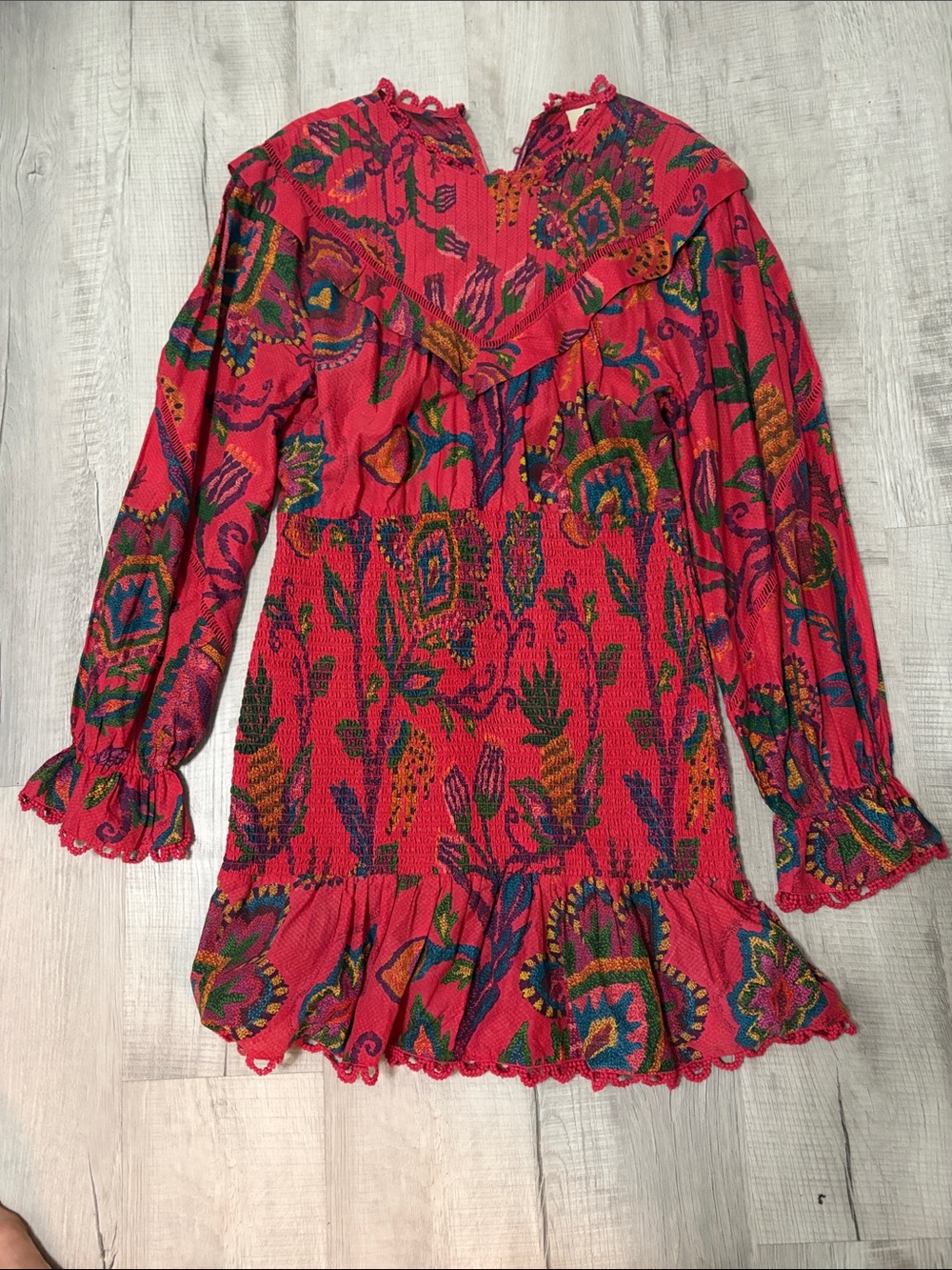 FARM Rio Red Floral Long-Sleeve Ruffle Dress